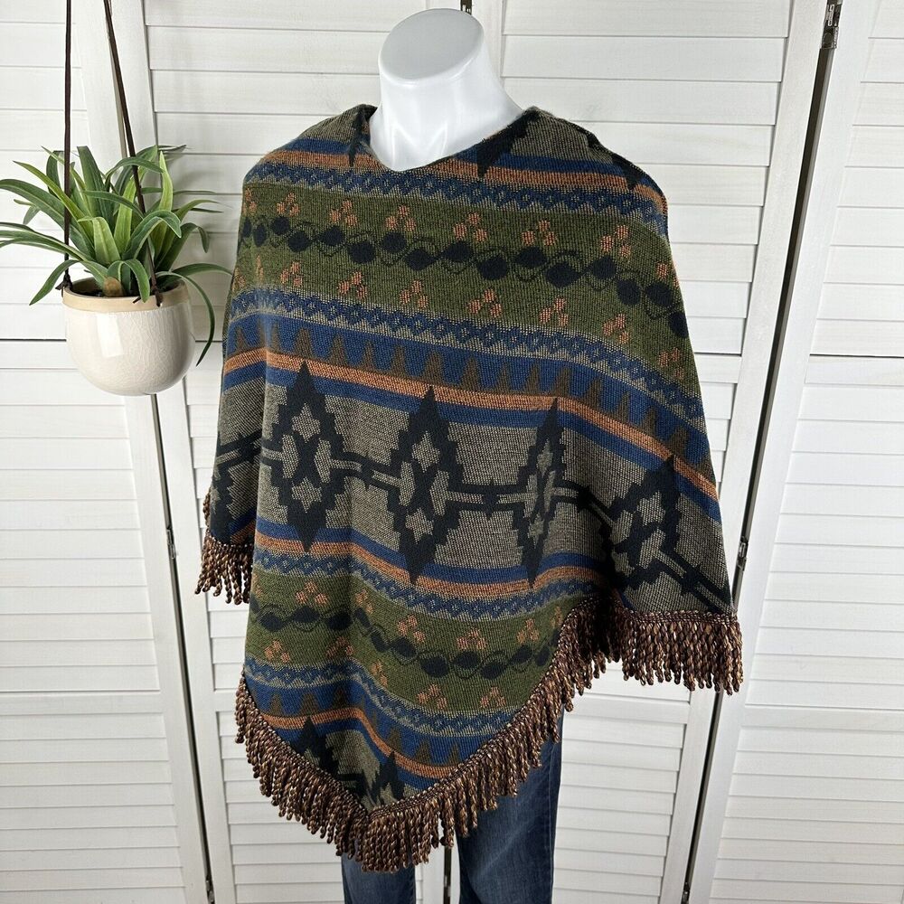 Kenny Brand Fringe‎ Poncho Southwestern Aztec Tapestry Pullover One Size $224
